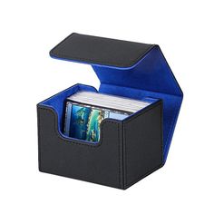 a black and blue storage box with a card holder in the bottom that holds two cards