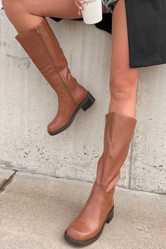 Color: Cognac Faux Leather Uppers Full-Length Zipper Square Toe 2" Heel Very Narrow Fit Length Runs True To Size Launched: 10/4/23 Boots Cognac, Lantern Sleeve Sweater, Faux Leather Boots, Flying Monkey Jeans, Cardigan Sweaters For Women, Small Dress, Brown Boots, Over The Knee Boots, Lace Up Boots