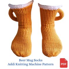 two knitted socks are shown with text reading beer mug socks add knitting machine pattern