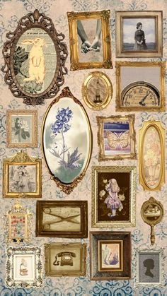 there are many framed pictures on the wall with gold trimmings and ornate frames