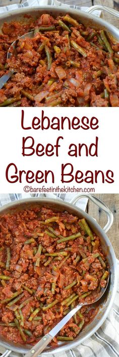 a large pot filled with beef and green beans next to another pan full of stew