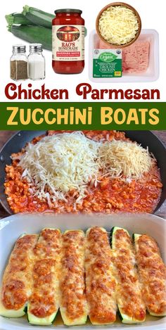 chicken parmesan zucchini boats in a pan with cheese and seasoning