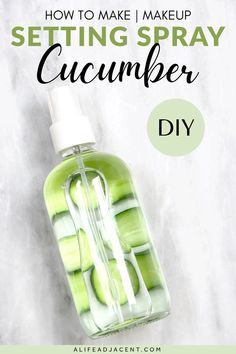 Cucumber infused DIY setting spray in glass spray bottle. How to make cucumber makeup setting spray. Face Spray For Glowing Skin Homemade, How To Make Setting Spray, Face Spray For Glowing Skin, Homemade Makeup Setting Spray, Setting Spray For Dry Skin, Diy Setting Spray Make Up, Homemade Face Mist Sprays, Face Spray Diy, Setting Spray Diy