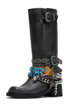 Free-spirited fabric accents combine with sleek hardware on this smooth leather moto boot boasting engraved buckles and gleaming studs. 2" heel 13" shaft; 16" calf circumference Pull-on style Leather and textile upper/synthetic lining and sole Made in Turkey Outfits With Motorcycle Boots, Moto Boots Outfit Summer, Black Moto Boots Outfit, Motor Boots Outfit, Rider Boots Outfit, Trendy Boots For Women, Depop Ideas, Moto Boots Outfit, Biker Boots Outfit