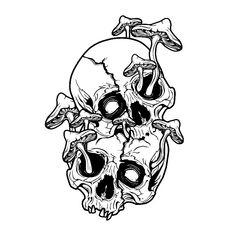 a black and white drawing of a skull with two birds on it's head