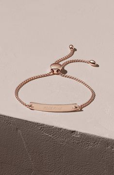 This slider bracelet boasts a slender and engravable metal bar with a wavy, reflective finish that's inspired by the vibrancy of Havana, Cuba. The simplistic design makes this bracelet perfect for layering with other styles or wearing on its own. Style Name:Monica Vinader Engravable Havana Friendship Chain Bracelet. Style Number: 5692429. Modern Engraved Rose Gold Bracelets, Elegant Metal Name Bracelet With Adjustable Chain, Trendy Adjustable Jewelry With Polished Finish, Minimalist Adjustable Engraved Chain Bracelet, Friendship Chain, Slider Bracelet, Havana Cuba, Simplistic Design, Monica Vinader