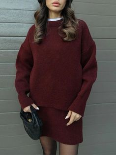 Casual Knit Women Set O-neck Full Sleeves Pullover A-line Mini Skirt Female Knitted Suit 2024 Autumn Fashion Knitting Lady Suits Knitted Skirt, Mode Casual, Oversized Pullover, Knit Tunic, Komplette Outfits, Cozy Knits, Knit Skirt, Oversized Sweater, Fit Style