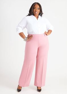 Pink Straight Leg Office Pants, Pink Stretch Pants For Formal Occasions, Pink Stretch Straight Leg Dress Pants, Pink Stretch Wide Leg Pants For Work, Pink Wide Leg Pants For Work, Power Moves, Trendy Chic, Ashley Stewart, Line Store