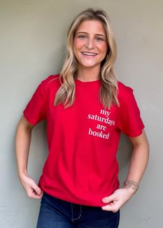 A best selling design now on a comfy tee! If you're a proud member of the Saturday Tailgating Club meeting every Saturday, you need this tee! P.S. This style is perfect for the girls AND guys at the tailgate! Fits true to size Olivia is wearing size small here size up for an oversized fit medium measurements: 41" bust and 28.5" length fabric: 100% cotton Crew Neck T-shirt With Text Print For Game Day, School Spirit Letter Print Tops For College Events, Pre-shrunk Relaxed Fit T-shirt For Game Day, School Spirit T-shirt With Letter Print For College Events, Funny Letter Print Tops For Fans, Graphic Tee With Slogan For Fan Merchandise, Fan Merchandise Slogan Graphic Tee, College Fan Apparel T-shirt With Slogan, Cotton Slogan T-shirt For Fan Gear