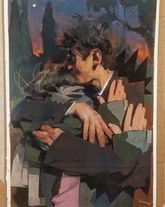 a painting of two people hugging each other