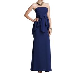 An asymmetrical peplum skirt lends feminine flair to this richly hued strapless gownStrapless neckline; Non-slip banding and interior flexible boning.Pleated waist band ties at back;Shirred peplum overChiffon trim throughout.Straight maxi skirt.Fully lined.Concealed rear zip closure. Shell: 100 % polyester Contrast: 100% Silk Lining: 97% polyester, 3% spandex Dry clean Straight Maxi Skirt, Peplum Gown, Peplum Skirt, Maxi Rok, Strapless Gown, Luxury Women Fashion, Gowns Online, Skirt, Strapless Dress Formal