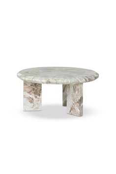 an oval marble table with two legs and a circular base, on a white background