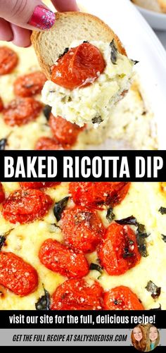 someone is holding up a piece of bread with cheese and pepperoni on it that says baked ricotta dip visit our site for the full, delicious