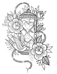 a black and white drawing of a vase with flowers on it, surrounded by beads