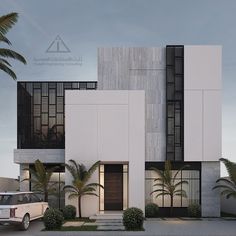 a white car parked in front of a tall building with palm trees on the side