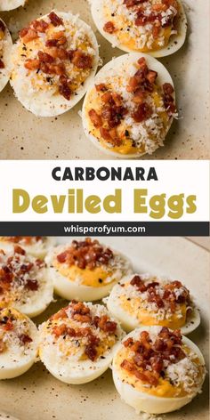 deviled eggs with bacon and cheese on top are shown in this recipe for deviled eggs