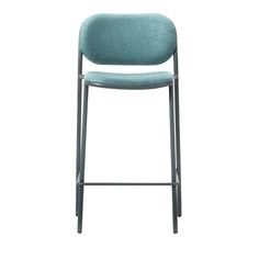 an upholstered bar stool with a blue seat and back, viewed from the front