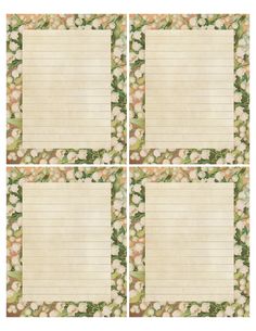 four blank papers with flowers and leaves on the edges, all lined up in rows