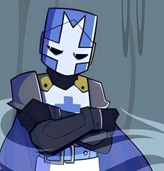 a cartoon character dressed in blue and white armor with his arms crossed, looking at the camera