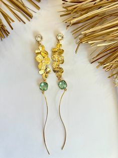 Long Gold Flower Erinite Earrings, Erinite Crystals Earrings, Flower Earrings, Long Dangle Earrings, Gold Earrings - Etsy Yellow Gold Flower Drop Earrings For Party, Elegant Green Earrings With Flower Charm, Long Dangle Earrings Gold, Crystals Earrings, Dangle Earrings Gold, Golden Earrings, Earrings Flower, Long Dangle Earrings, Earrings Long