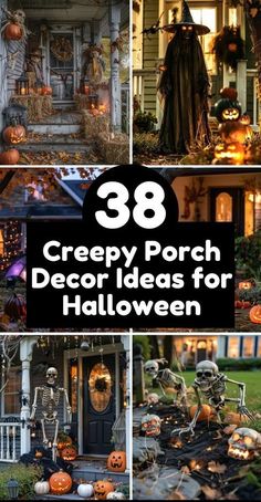 halloween porch decor ideas with pumpkins and decorations on the front door, in different styles