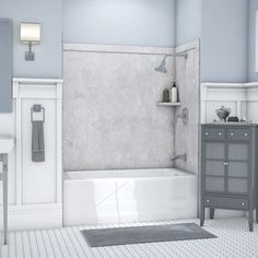 a bathroom with blue walls and white tile on the floor is shown in this image