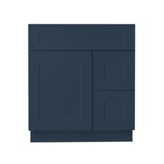 a blue cabinet with two doors and one drawer on the left side, against a white background