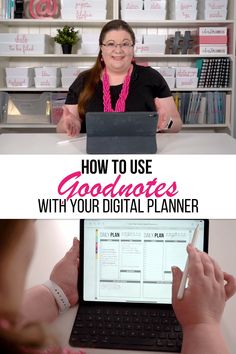 a woman sitting in front of a laptop computer with the text how to use googleres with your digital planner