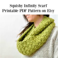 a woman wearing a green scarf with the text squisy infinity scarf printable pdf pattern on etsy