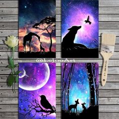 four pictures of animals and birds in the night sky with stars, moon and trees