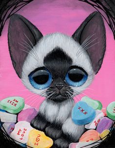 a painting of a black and white cat with blue eyes surrounded by candy candies