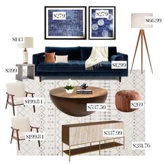 a living room with blue couches and white chairs, coffee table, lamps, pictures on the wall