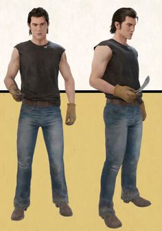 two different views of a man in jeans holding a knife