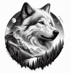 a drawing of a wolf with mountains in the background and trees on it's side