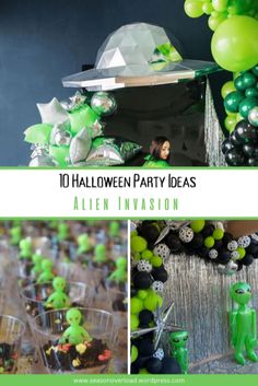 an alien themed party with green balloons and black and white decorations on the table, and in