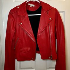 Zip Pockets & Zip Closure, Lamb Leather. A Few Discoloring In The Collar And Pocket, But Excellent Condition Chic Red Biker Jacket With Long Sleeves, Red Biker Jacket For Work In Spring, Chic Red Fitted Biker Jacket, Red Clothing, Zip Pockets, Jackets & Coats, Jackets For Women, Leather Jacket, Collar