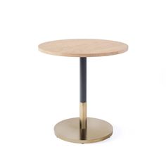 a round wooden table with black metal legs and a wood top on a white background