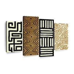 four pieces of art with different patterns on the sides and one piece in black, white, and gold