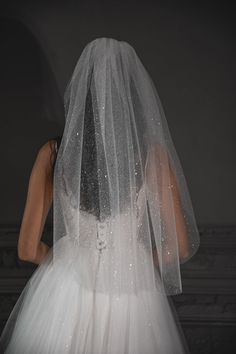 the back of a bride's wedding dress, with her veil draped over her head