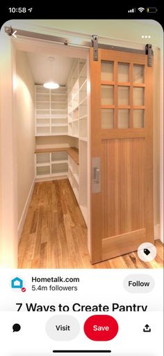 an open closet with wooden doors and white shelves on the bottom shelf, in front of a wood floor