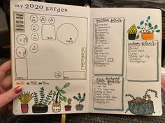 a hand holding up a planner with plants in it and the words my 2090 garden written on it