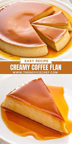 two different views of a cheesecake with caramel sauce on top and the bottom