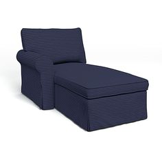 a purple chair with a footstool on the bottom and one arm folded over it