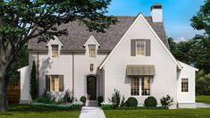 a rendering of a white brick house in the middle of a green yard with trees and bushes