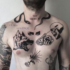 a man with many tattoos on his chest