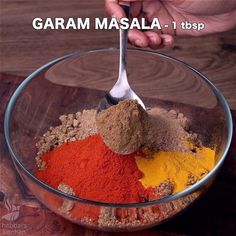 a bowl filled with different colored spices on top of a wooden table next to a hand holding a spoon