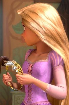 a blonde haired girl in a purple dress holding a wand and looking at the back of her head