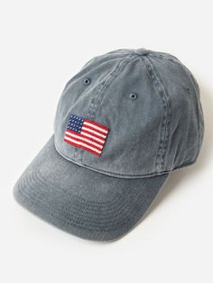 DESCRIPTION:A lightweight cotton twill hat with an adjustable back and needlepoint embroidered American flag design.FEATURES:Pliable BillNeedlepoint Embroidery6-Panel ConstructionEyelet VentilationAdjustable Back100% CottonOne Size Adjustable Navy Embroidered Hat, Blue Outdoor Hat With Embroidered Logo, Blue Hat With Embroidered Logo, Navy Visor Hat With Embroidered Logo, Navy Cotton Hat With Embroidered Logo, Summer Hats, Cotton Twill, American Flag, Needlepoint