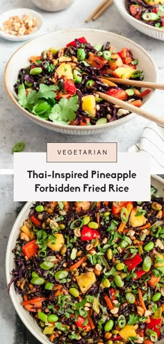 thai - inspired pineapple forbidden fried rice in two bowls with chopsticks on the side