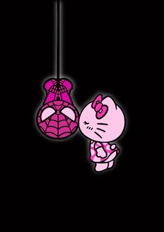 hello kitty and spider - man hanging from the ceiling in front of a black background